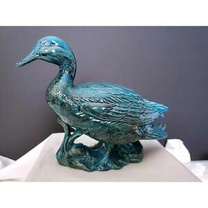 Vtg ceramic DUCK FIGURINE bluish-green with detailed feathers & features. Marked